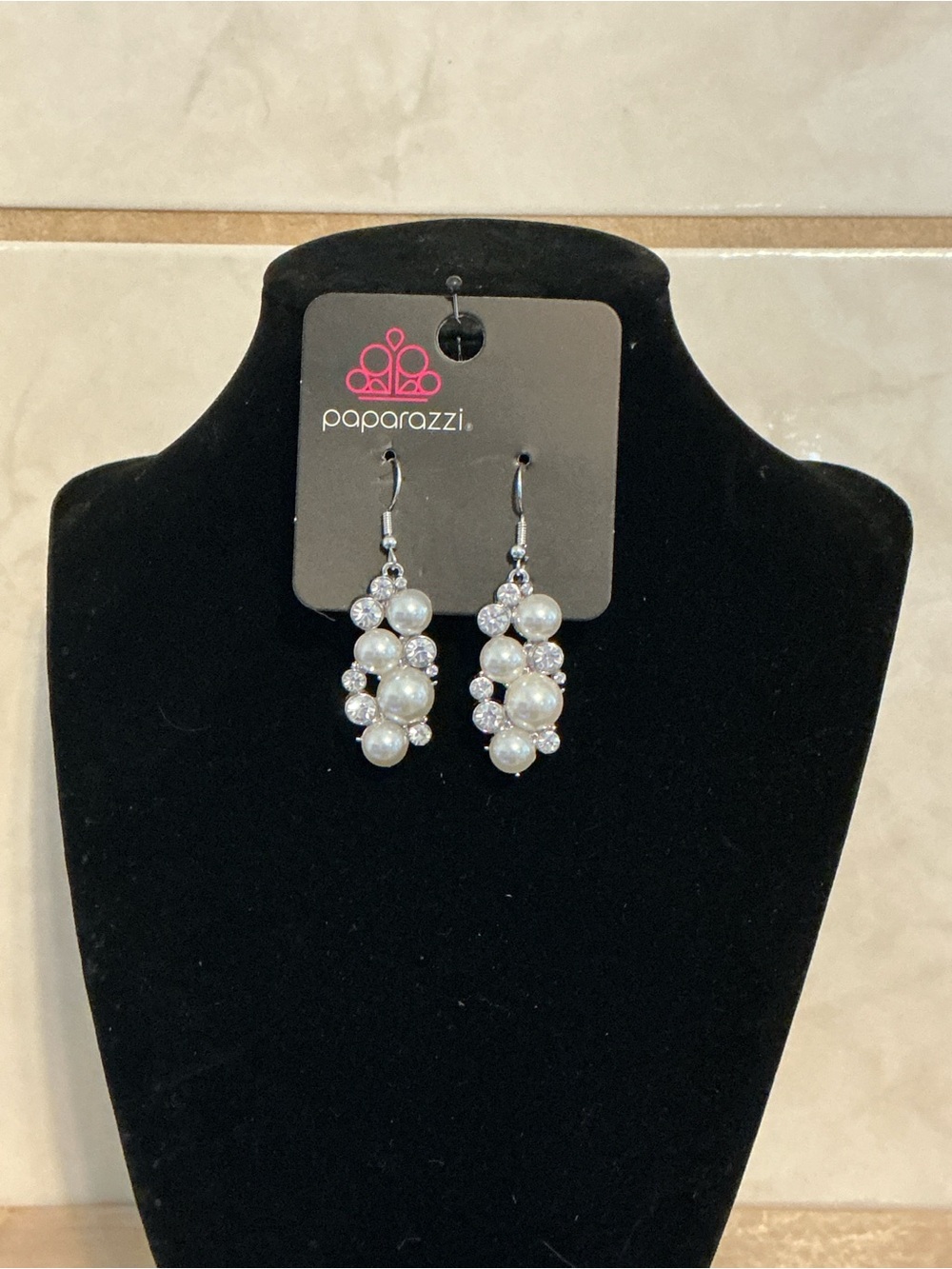 Paparazzi White Pearl & Crystal Drop Earrings - Elegant Cluster Dangle
